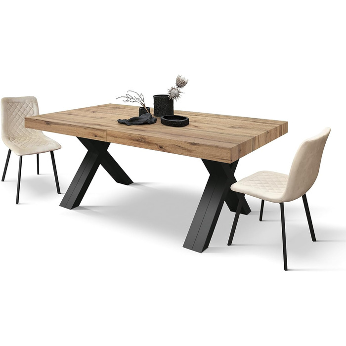 Розкладний стіл PAZZO DESIGN Roberta, стіл для вітальні, кухонний стіл, рустикальний дуб, чорні Х-подібні ніжки, від 180 до 480 см, зроблено в Італії - id2005