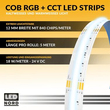 Світлова стрічка COB з 840 чіпами/м, зміна кольору RGB CCT, теплий білий та холодний білий (3000-6000K) 18 Вт/м, довжина 5м, ділиться через кожні 5 см