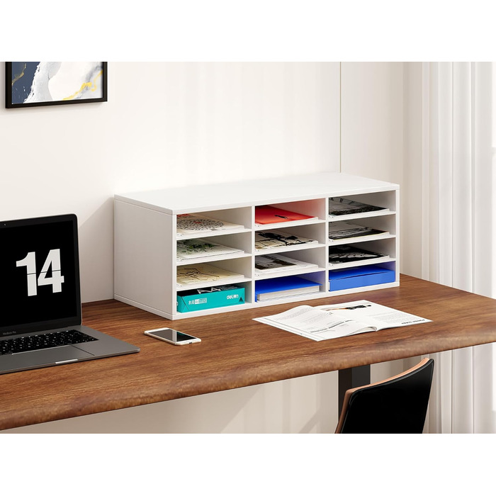 Дерев&39яний органайзер для офісного столу EasyPAG з 12 відділеннями, формат А4, тримач для документів, лоток для файлів, тримач для журналів, лоток для листів, органайзер для паперу та журналів, білий 80 x 30,7 x 29,8 см