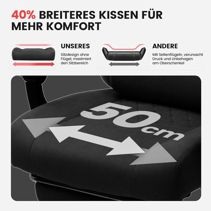 Геймерське крісло GTPLAYER з тканини, ігрове крісло з пружинною подушкою Pocket Spring, ергономічне поворотне крісло, геймерське крісло з підставкою для ніг, вантажопідйомність 150 кг, чорний колір