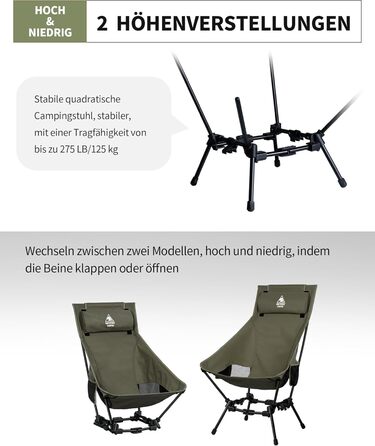 Крісло для кемпінгу OneTigris DRAGONHIDE, висока спинка, складне, вантажопідйомність 125 кг, легке складне кемпінгове крісло, складне рибальське крісло з 2 боковими кишенями, надлегке складне крісло для використання на свіжому повітрі, походи, колір Range