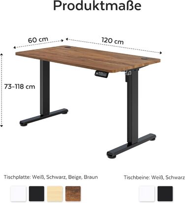 Стіл з регульованою висотою 120 x 60 см з функцією пам&39яті, Міцний стіл з електричним регулюванням висоти, стіл для роботи сидячи та стоячи, регульований комп&39ютерний стіл, стіл для роботи стоячи, коричневий, 120 x 60 см