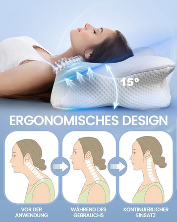 Велика подушка для шиї, подушка для голови, подушка для підтримки шиї, подушка з піни з ефектом пам&39яті, ергономічна ортопедична подушка з наволочкою, подушка для сну на боці, спині та животі - 60 x 34 см x 9/13 см, сірий