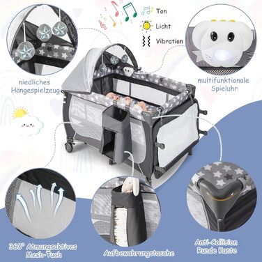Дитяче ліжечко FANTASK 4-в-1, сірий колір ігрова арка та музичний мобіль, колиска на колесах, сумка для перенесення, портативне приліжкове ліжечко/дорожнє ліжечко зі складним матрацом, пеленальний столик, балдахін, для дітей до 36 місяців