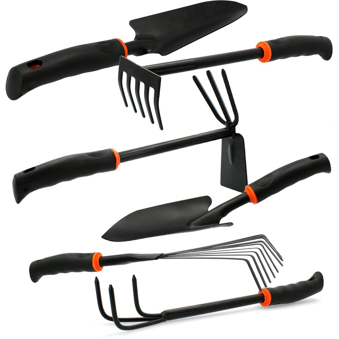 Набір садових інструментів 6 в 1 DE LUXE зі сталі 2 лопатки для квітів (6 см та 8 см), маленький грабель, комбінована сапка (подвійна сапка), культиватор, віяловий грабель (маленький віник) Компактний набір садових інструментів, 6 предметів