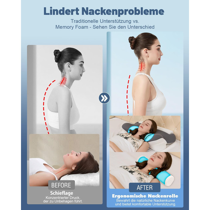 Подушка для шиї, ортопедична подушка 2-в-1 з валиком для шиї, ергономічна подушка з піни з ефектом пам&39яті для сну на боці - подушка для сну для шиї та сну - переможець тесту на подушку для підтримки шиї