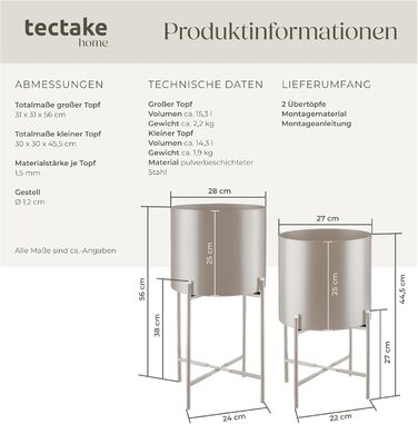 Підставка для рослин tectake, набір із 2 предметів, підставка для квітів, металевий квітковий горщик, знімні кашпо, декоративні квіткові горщики для вітальні, кашпо для використання в приміщенні та на вулиці, квітковий пуф з ніжками та кашпо - сіро-коричн