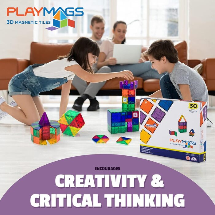 Стартовий набір Playmags - набір квадратів із 30 предметів тепер із сильнішими магнітами, міцними, надміцними магнітними плитками