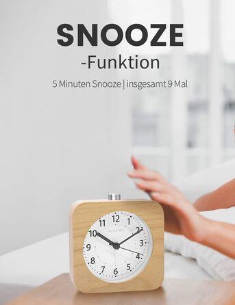 ВищеГодинник будильник аналоговий без цокання, будильник дерев'яний з дрімотою, тумбочка настільний годинник з нічником, ретро-будильник аналоговий на батарейках (потрібна батарея 1*AA) - натуральне дерево світло-коричневого кольору (квадрат, світло-корич