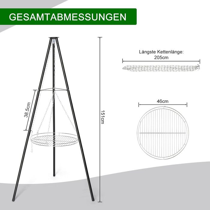 Мангал тринога з регульованою висотою та решіткою 48 см - для пікніків, барбекю, кемпінгу - чорний. Без жаровні.