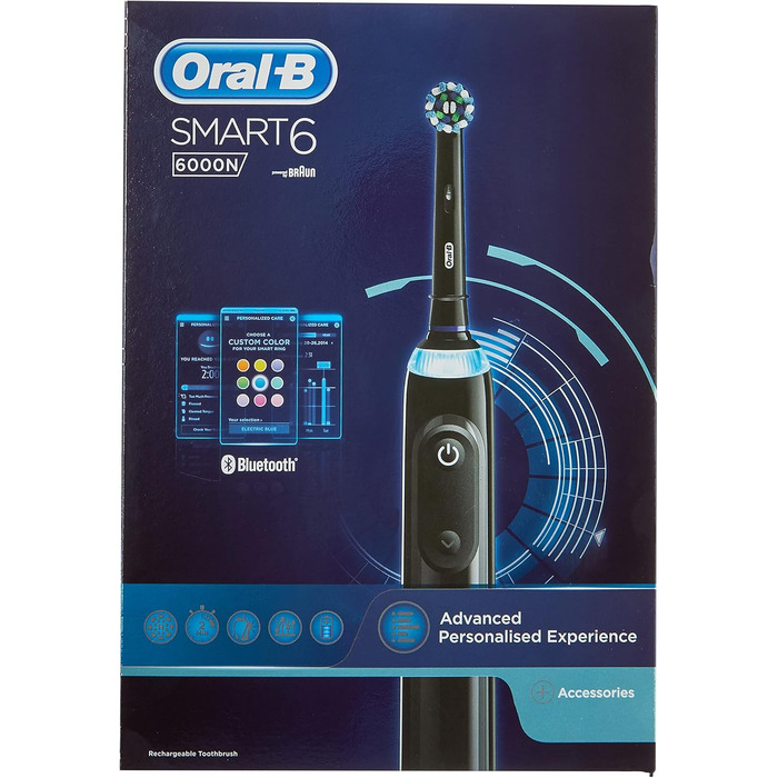 Електрична зубна щітка Oral-B Smart 6 6000N CrossAction, 1 чорна ручка для додатків із підключеною ручкою, 5 режимів, датчик тиску, 3 насадки для зубних щіток, подарунок, з дисплеєм у невидимому режимі