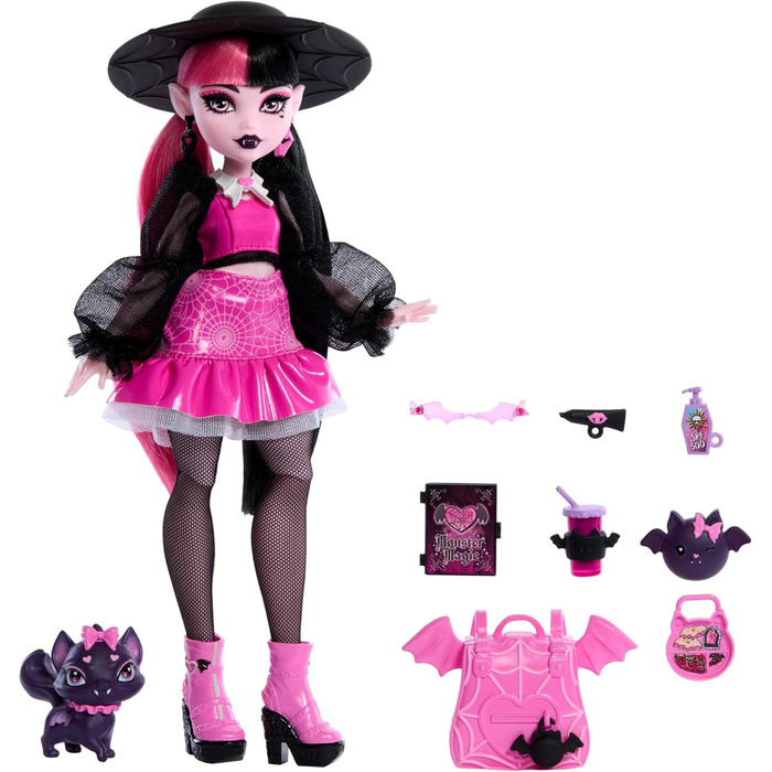 Лялька Monster High Дракулаура з її домашнім котом-летючою мышью, графом Фебулозом, та аксесуарами, такими як рюкзак, книга заклинань, коробка для бенто та багато іншого, HRP64