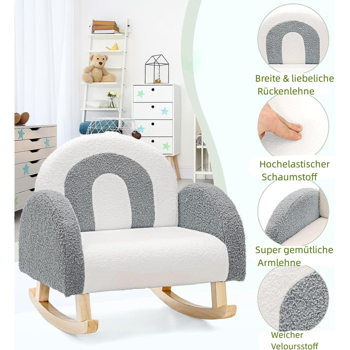 Дитяче крісло DREAMADE, Дитячий диван з велюрової тканини зі спинкою, ніжками з масиву дерева та пристроєм проти перекидання, Крісло-гойдалка для дитячої ігрової кімнати, спальні, вітальні, для дітей 3-5 років (сірий)