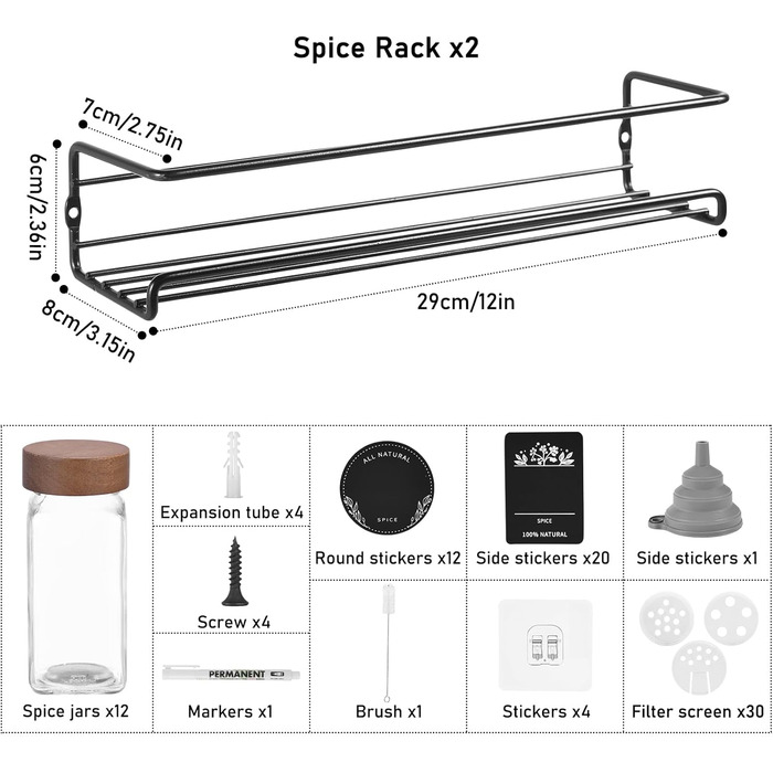 Елементна дерев&39яна підставка для спецій, не потребує свердління, підвісна, з 12 банками для спецій, органайзером для спецій, підставкою для спецій та настінною кухонною полицею (2986 см), дерев&39яна підставка для спецій C.12, 2-