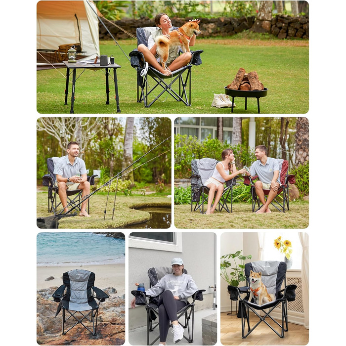 Крісло для кемпінгу KingCamp, складне, міцне, для дорослих, висота 205 кг, складні кемпінгові крісла, з регульованою поперековою опорою, сумкою-холодильником та підлокітниками, висока спинка, садове крісло, риболовля M - чорний сучасний