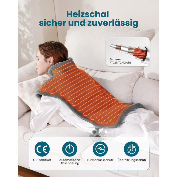 Обтяжена нагрівальна ковдра KNQZE, грілка з 10 рівнями нагріву, 4 таймери для спини, плечей та шиї, мийна нагрівальна подушка від болю в спині та шиї, подарунок на день народження для жінок (сіра)