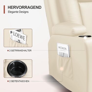 Крісло для телевізора LUCKRACER з розкладним підйомником з функцією відкидання та підставкою для ніг, поворотне на 360 крісло для телевізора для вітальні, крісло-гойдалка з підставками для чашок та бічною кишенею, штучна шкіра, білий поліуретан