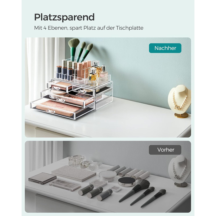 Органайзер для макіяжу SONGMICS, косметичний органайзер з 4 шухлядами та 11 відділеннями різних розмірів, нековзні вставки, для макіяжу та ювелірних виробів, прозорий JKA001TP