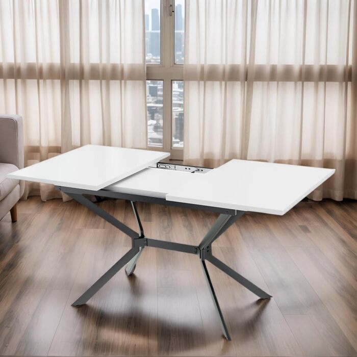 Розкладний обідній стіл Soweiz білий 120/160Д x 80Ш x 75В (см), чорні металеві ніжки, білий прямокутний обідній стіл, підходить для чотирьох-шести осіб, білий чорний 120/160Д x 80Ш x 75В (см)