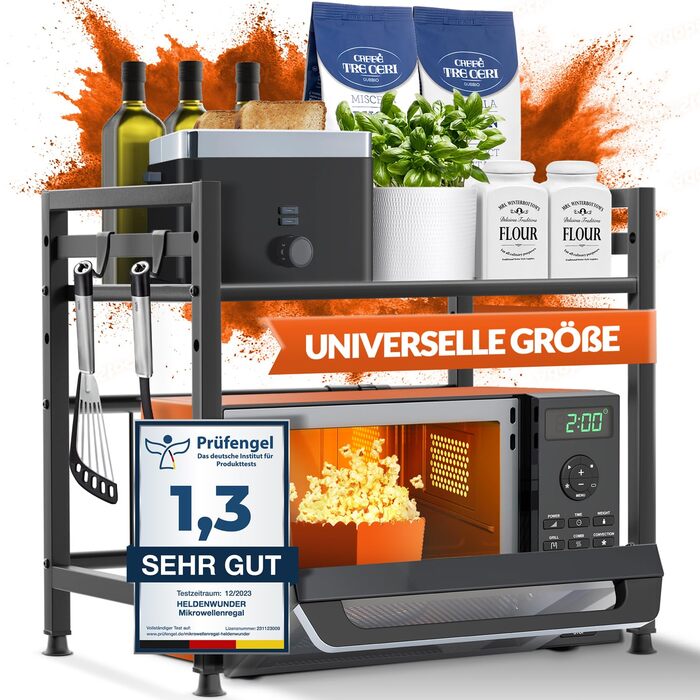 Полиця для мікрохвильової печі, кухонна полиця, стояча, сталь (2-рівнева) Полиця для мікрохвильової печі, шафа для мікрохвильової печі Полиця для зберігання, полиця для пекарні, регульовані по висоті та довжині полиці відеоінструкції, гачки - Чорний, 2-рі