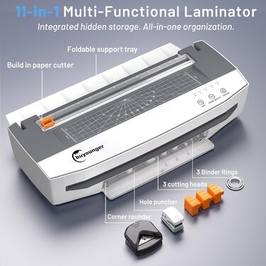 Ламінатор A3, високошвидкісний ламінатор 1000 мм/хв на 50 аркушів, комплект для ламінування з функцією реверсу, різак для паперу, закруглювач кутів, дирокол та кільце для палітурки для офісу, школи та дому, білий та сірий