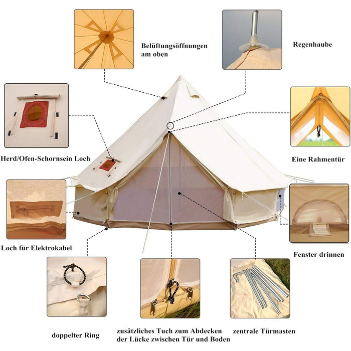 Водонепроникний кемпінговий намет, намет типі, сімейний намет, намет-піраміда, бавовняний індіанський намет з отвором для каміна, підстилка, намет-дзвін, круглий намет, груповий намет, висота стоячи, бежевий, 6 м/19,6 фута