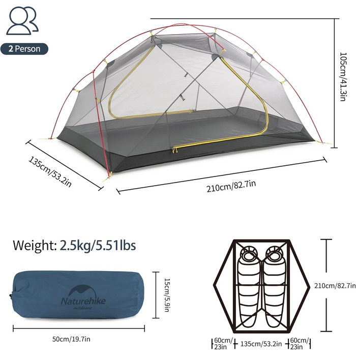 Намет Naturehike Mongar на 2 особи, надлегкий кемпінговий намет, туристичний намет на 2 особи, 4-сезонний намет, нейлон 210T PU3000 мм для кемпінгу, трекінгу, велоспорту, альпінізму, 210T синій
