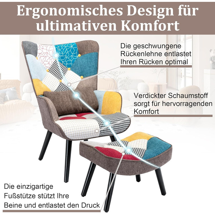 Крісло-відкидка з пуфом, крісло в стилі печворк, дерев&39яне крісло, сучасне крісло-підголовок для вітальні з ніжками з масиву дерева, крісло під телевізор, лляне крісло для відпочинку, коричневе крісло