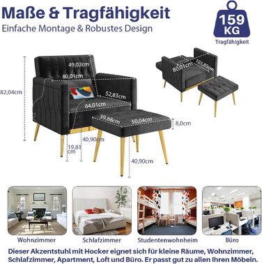 Крісло GRAVFORCE з підніжкою та підставкою, крісло для вітальні з 2 зарядними портами, крісло для читання, крісло для телевізора, м&39яке крісло, крісло-реклайнер, крісло для відпочинку, вантажопідйомність до 159 кг, стильний дизайн, оксамит, чорний