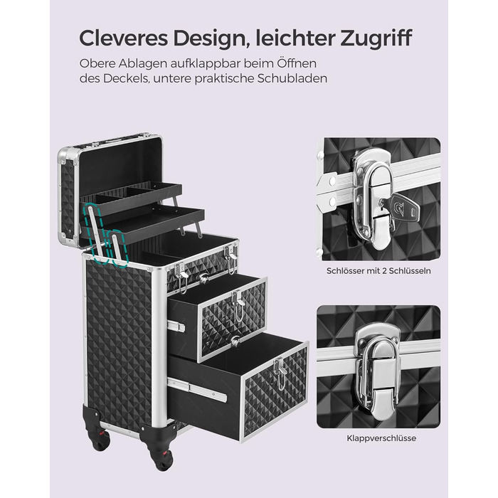 Візок для косметики, пенал для макіяжу 2 ящики, великий пенал для перукаря, пенал для макіяжу, 34 x 24 x 56 см, колеса обертаються