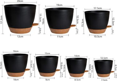 Квітковий горщик CSYY, набір із 7 пластикових квіткових горщиків із системою поливу, 20,3/19/17,7/16,5/15,2/14/12,7 см, самополивний горщик для рослин із блюдцем, підходить для використання в приміщенні та на вулиці, чорний, 7 предметів