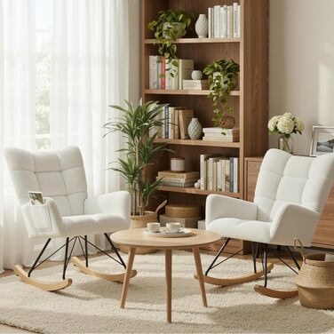 Крісло-гойдалка Clevich для вітальні, крісло-гойдалка з оббивкою з плюшевого тканини, дерев&39яними полозками та металевими ніжками, для вітальні, дитячої кімнати, спальні, вантажопідйомність до 136 кг, білий колір