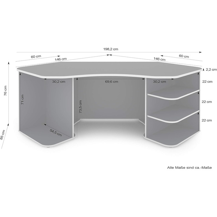 Стіл/ігровий стіл byLIVING THANATOS антрацитового кольору з червоними краями/кутовий стіл з великою кількістю місця для зберігання та стільницею XXL/комп&39ютерний стіл/робочий стіл для ПК/198x76x85 см (ШxВxГ)