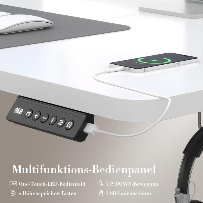 Стіл Airfish з регульованою висотою 160x70 см з USB-портом, електрично регульований стіл з функцією пам&39яті, 73-118 см, білий