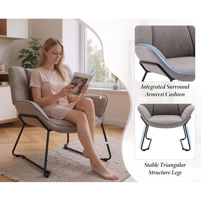 Льняне крісло Chairus для вітальні, балкону, сучасне м&39яке крісло-реклайнер з металевими ніжками (сіре)