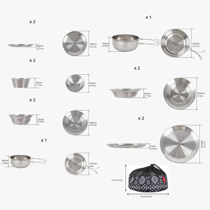 Набір туристичного посуду з нержавіючої сталі на 12 осіб, сріблястого кольору, штабельований, для подорожей та щоденного використання, ідеальний для кемпінгу та пікніків