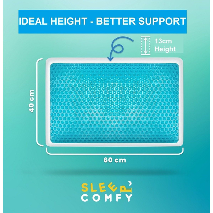 Подушка SLEEP COMFY преміум-класу з гелевої піни з ефектом пам&39яті ортопедична підтримка шиї, сертифікована Oeko-Tex, технологія охолоджувального гелю для всіх положень сну (комфорт влітку та взимку) з ефектом пам&39яті 60x40x13