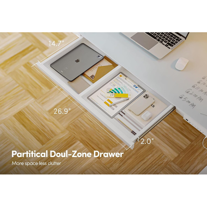 Електричний стіл FEZIBO для роботи стоячи зі скляною стільницею, регульована висота, 140 x 60 см, стіл для домашнього офісу, з портами зарядки USB-A-C, біла рама/біла стільниця