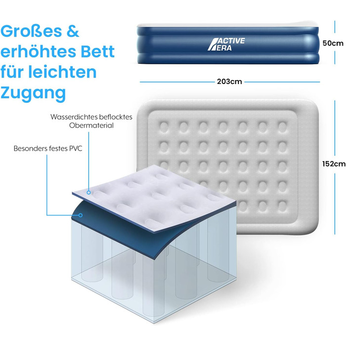 Надувне ліжко преміум-класу Active Era на 2 особи, надувний матрац самонадувний з вбудованим електричним насосом і вбудованою подушкою, надувний матрац для кемпінгу та гостьового ліжка - 203 x 152 x 43 см двоспальне