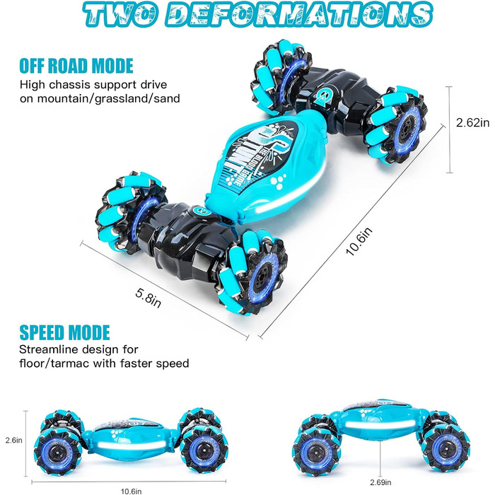 Жестова операція RC автомобіль для дітей, 4WD 2.4 ГГц з дистанційним управлінням від 6/7/8/9/10/11/12 років, двосторонній обертовий позашляховий твіст автомобіль 360 перевертається зі світлом і музикою, подарунки для дітей синій