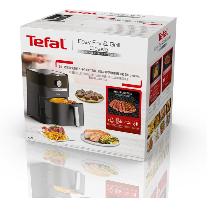 Аерофритюрниця та гриль Tefal Easy Fry & Grill Classic XL (4,6 л) пристрій 2-в-1 для хрусткого смаження та соковитого гриля з мінімумом жиру, EY5018 Classic 2in1
