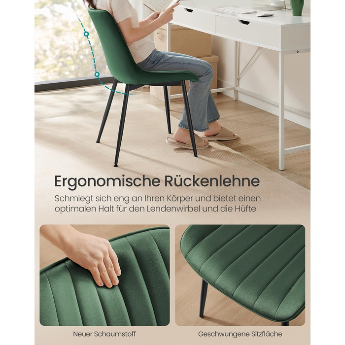 Комплект обідніх стільців з 2 шт. , Кухонний стілець, Оксамитовий, М&39який стілець, Витримує вагу до 120 кг, Сталеві ніжки, Вигнута спинка, Для їдальні, Кухня, Зелено-чорний LDC090C01 Зелений комплект з 2 шт.