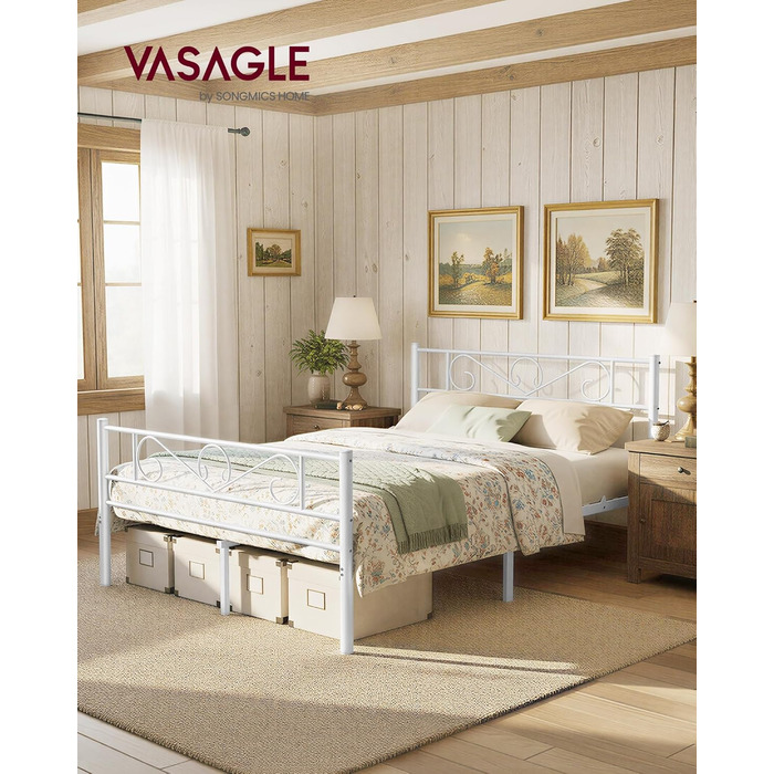 Ліжко VASAGLE 140 x 200 см, Гостьове ліжко, Двоспальне ліжко з металу, Каркас ліжка, Каркас ліжка, Металеве ліжко, Легке складання, Матовий білий RMB064WG01 140 x 200 см Матовий білий