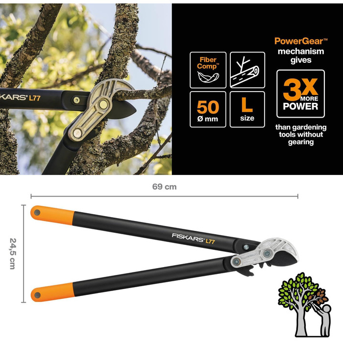 Садові секатори Fiskars PowerGear з механізмом передачі для сухого гілля та пагонів, з нарізним та тупим лезом, антипригарним покриттям, виготовлені з міцної інструментальної сталі, довжина 69 см, чорно-помаранчеві, L77, 1000583 L77 (діаметр гілок до 5 см