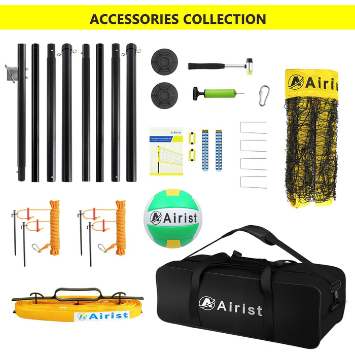 Волейбольна сітка Airist для вулиці з високою міцністю – з системою захисту від провисання, регульованими алюмінієвими стійками, професійний комплект для заднього двору та пляжу, з волейбольним м'ячем та жовтою сумкою для перенесення