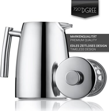 Френч-прес з нержавіючої сталі 720 DGREE Sunrise - 1 літр - без бісфенолу А - кавоварка, кавник з постійним фільтром - Елегантний кавник на 4-8 чашок Ідеальна насолода кавою