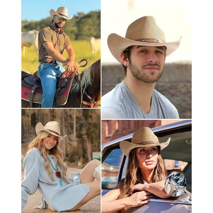 Ковбойський сонцезахисний капелюх FURTALK для жінок та чоловіків, ковбойський капелюх у західному стилі з вітровою стрічкою, UPF 80, легкий пляжний та літній капелюх, хакі, ML
