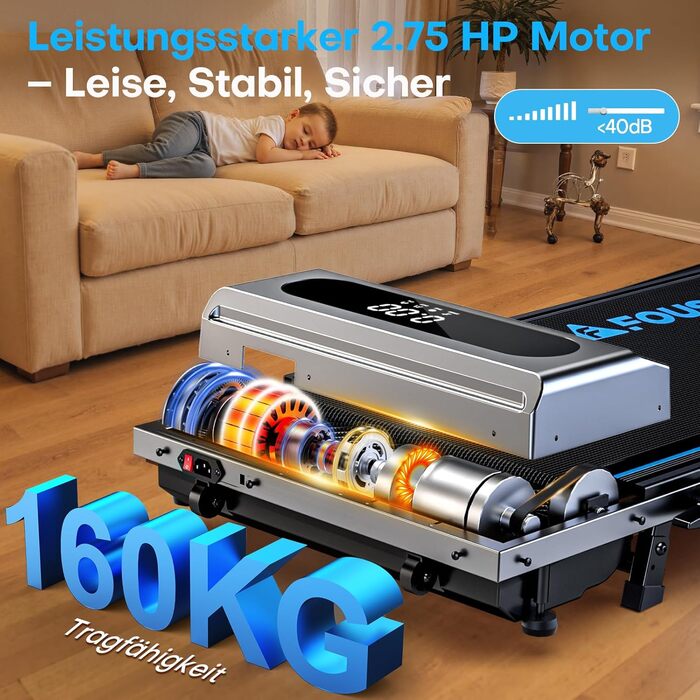 Домашня бігова доріжка, біговий килимок 5-в-1, складна бігова доріжка 12 км/год з нахилом 9, безщітковий двигун 2,75 к.с., ходун зі світлодіодним дисплеєм, сумісність із додатками, 12 програм, подвійний режим роботи, сріблясто-синій