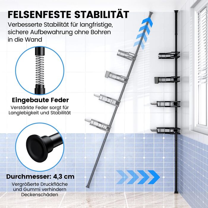 Телескопічна полиця для душу FINIBO, не потребує свердління, телескопічна полиця для душу у ванній кімнаті з 4 кутовими полицями, регульована телескопічна полиця для ванни 43,5-120 дюймів, телескопічна полиця для ванни та душу, чорна