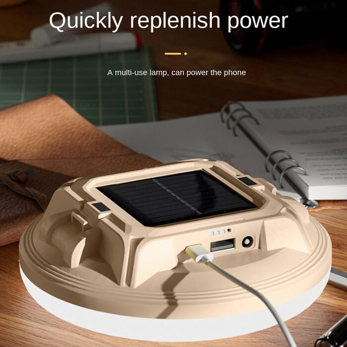 Сонячний вуличний світильник компактний дизайн, захищений від атмосферних впливів, 15 x 5 см, акумулятор типу C ємністю 7200 мАг, чотири регульовані рівні яскравості, аварійне попередження, бежевий